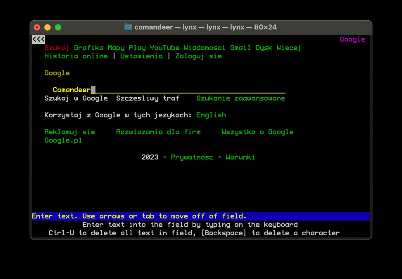 Wyszukiwarka Google otwarta w przeglądarce tekstowej Lynx, w polu wyszukiwania wpisana jest fraza "Comandeer".