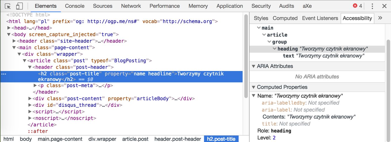 Otwarte narzędzia developerskie Chrome, w których podglądany w zakładce Dostępność jest element h2: ma on przypisaną rolę "heading" i poziom 2.
